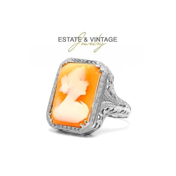 Estate 14K White Gold Vintage Cameo Filigree Colored Stone Fashion Ring Size 6.25 Image 2 Raleigh Diamond Fine Jewelry Raleigh, NC