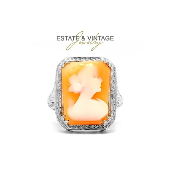 Estate 14K White Gold Vintage Cameo Filigree Colored Stone Fashion Ring Size 6.25 Raleigh Diamond Fine Jewelry Raleigh, NC
