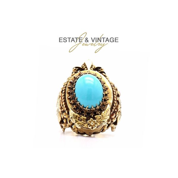 Estate 10K Yellow Gold Vintage Turquoise Colored Stone Fashion Ring Size 6.75 Raleigh Diamond Fine Jewelry Raleigh, NC