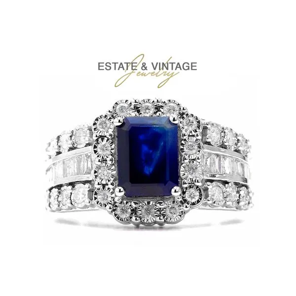 Estate 14K White Gold 2.25ctw H-I/I1-2 EFFY Sapphire + Halo Diamonds Colored Stone Fashion Ring Size 6.75 Raleigh Diamond Fine Jewelry Raleigh, NC