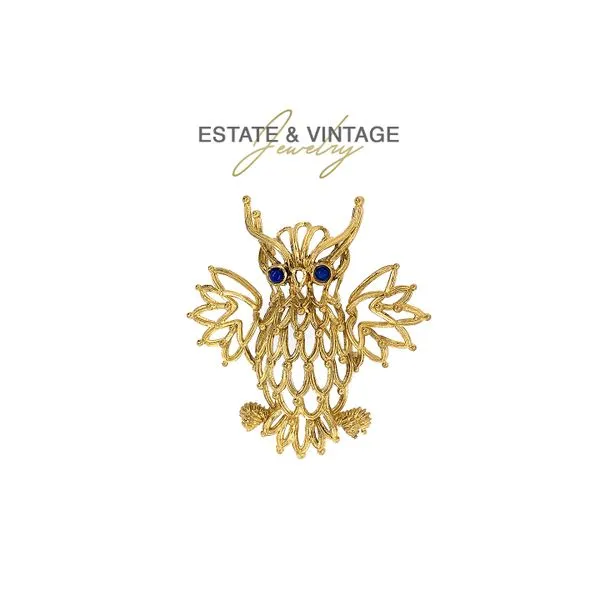 Estate 18K Yellow Gold Vintage Owl Brooch Pin with Lapis Accents Raleigh Diamond Fine Jewelry Raleigh, NC
