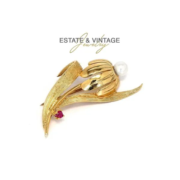 Estate 14K Yellow Gold Flower with Pearl & Ruby Brooch Pin Raleigh Diamond Fine Jewelry Raleigh, NC
