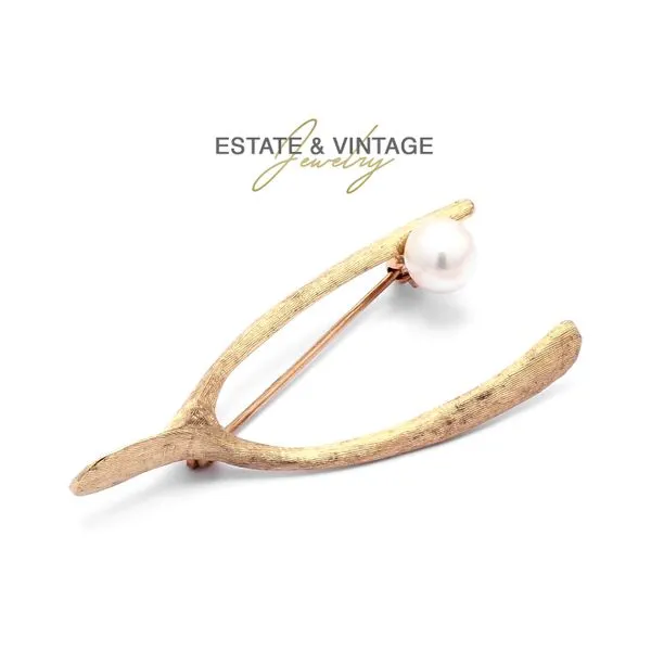 Estate 14K Yellow Gold Wishbone & Pearl Brooch Pin Raleigh Diamond Fine Jewelry Raleigh, NC