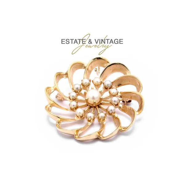 Estate 14K Yellow Gold Flower Brooch Pin with Pearl Accents Raleigh Diamond Fine Jewelry Raleigh, NC