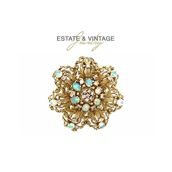 Estate 14K Yellow Gold Opal & Diamond Floral Brooch Pin Raleigh Diamond Fine Jewelry Raleigh, NC