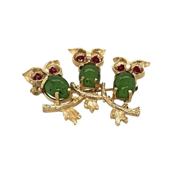 Estate 14K Yellow Gold Three Owls Enameled Brooch Pin Image 2 Raleigh Diamond Fine Jewelry Raleigh, NC