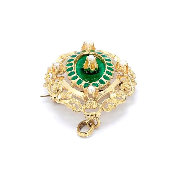 Estate 18K Yellow Gold Victorian Brooch with Green Enamel & Pearls Accents Charm Pendant Image 4 Raleigh Diamond Fine Jewelry Raleigh, NC