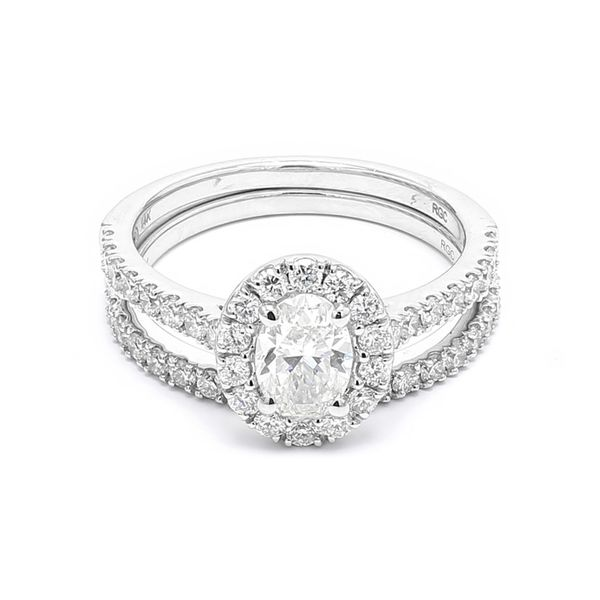 14K White Gold 1.68ctw Halo Oval Diamond Wedding Ring Set Raleigh Diamond Fine Jewelry Raleigh, NC
