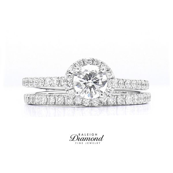 14K White Gold RBC Halo Engagement Ring & Wedding Band Set, 1/2ct RBC, 1.12cttw Raleigh Diamond Fine Jewelry Raleigh, NC