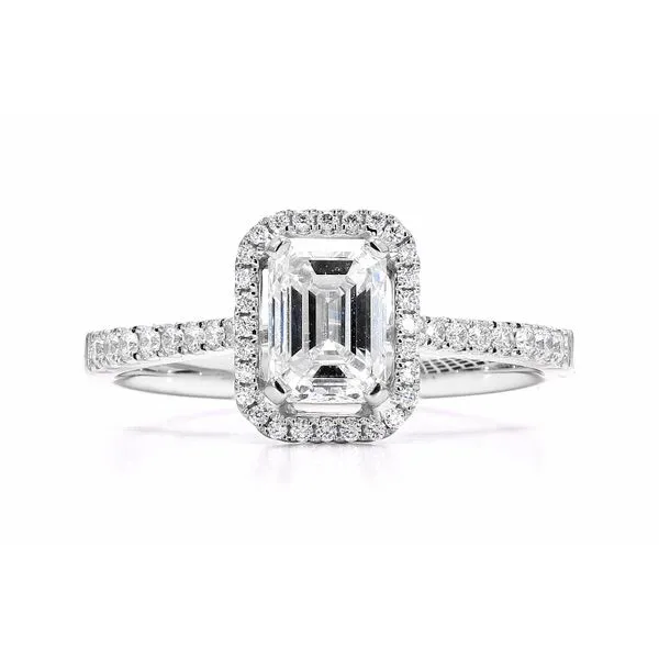 14K White Gold Emerald Cut Halo Diamond Ring Size 6.5 Raleigh Diamond Fine Jewelry Raleigh, NC