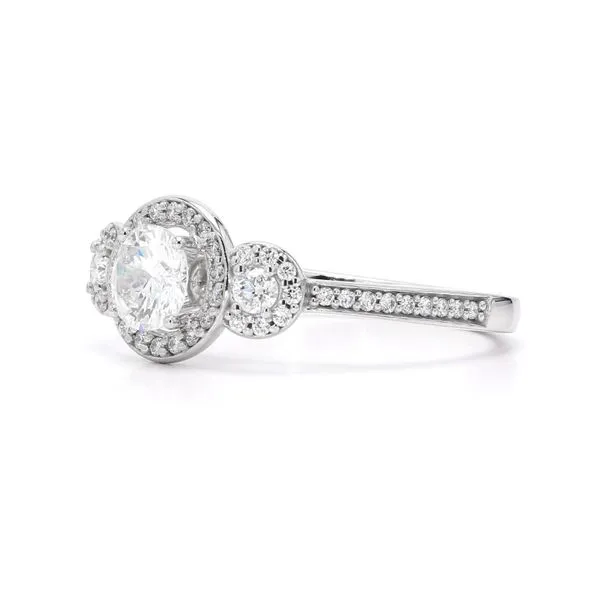 14K White Gold 0.93ctw G-H/SI 3-Stone Halo Diamond Ring Image 2 Raleigh Diamond Fine Jewelry Raleigh, NC