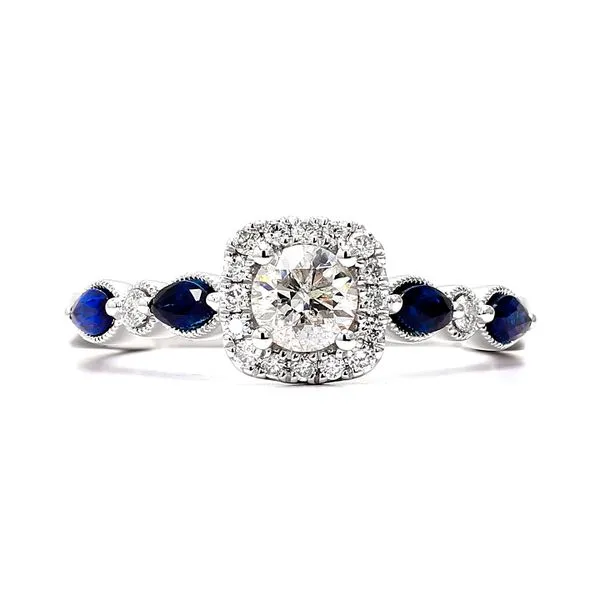 14K White Gold 1.13ctw Halo Diamonds and Sapphires Engagement Ring Size 7 Raleigh Diamond Fine Jewelry Raleigh, NC