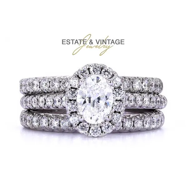 Estate 14K White Gold 1.30ctw E/SI2 Oval Diamond Bridal Ring Set Size 4.5 Image 2 Raleigh Diamond Fine Jewelry Raleigh, NC