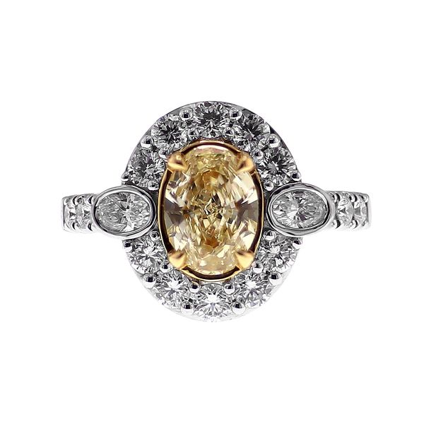 18K White Gold 1.32ct Fancy Lt Yellow VS1 Oval Halo + 2.45tw RBC Diamond Engagement Ring Sz 6.75 Raleigh Diamond Fine Jewelry Raleigh, NC