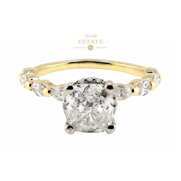 Estate 14K Yellow Gold 1.90ctw Lab Grown Cushion Ladies Diamond Engagement Ring with Marquise Accents Sz 4.25 Image 2 Raleigh Diamond Fine Jewelry Raleigh, NC