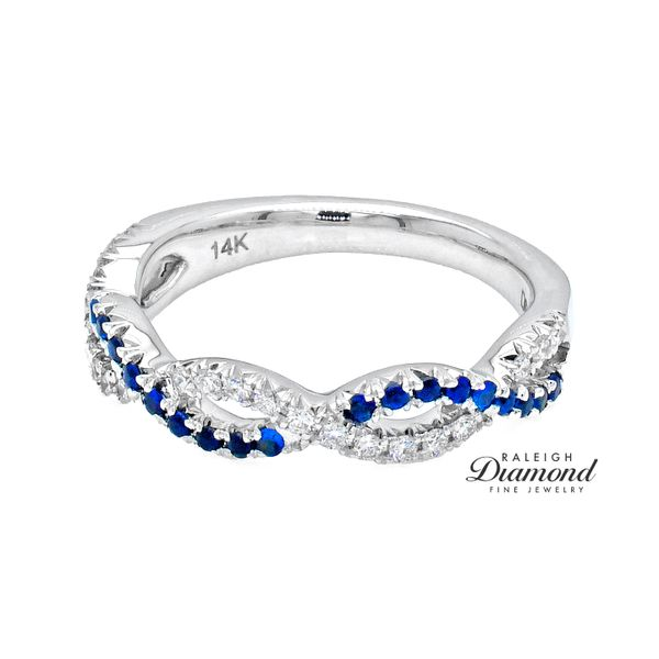 14K White Gold 0.37ctw Sapphire and Diamond Twist Wedding Band Image 2 Raleigh Diamond Fine Jewelry Raleigh, NC