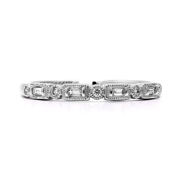 14K White Gold 0.10ctw Baguette + RBC Diamonds E-W with Millgrain Size 7 Raleigh Diamond Fine Jewelry Raleigh, NC