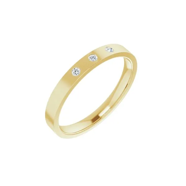 14K Yellow Gold 0.04ctw Three Diamond Band Flush Set in 2.5mm Comfort Fit Size 7 Image 2 Raleigh Diamond Fine Jewelry Raleigh, NC