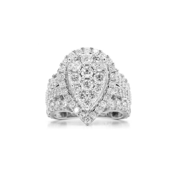 14K White Gold 4.00ctw Accented Shank Diamond Pear Shape Halo Cluster Ring Raleigh Diamond Fine Jewelry Raleigh, NC