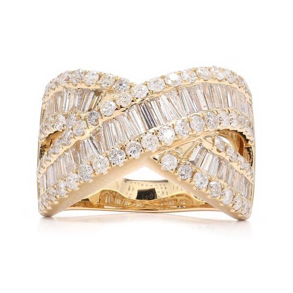 Gabriel & Co. 14K Yellow Gold Criss Cross Baguette Diamond Ring Size 7.0 Raleigh Diamond Fine Jewelry Raleigh, NC