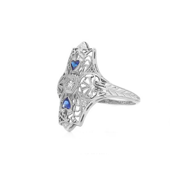 Estate 18K White Gold Diamond & Sapphire Filigree Fashion Ring Image 2 Raleigh Diamond Fine Jewelry Raleigh, NC