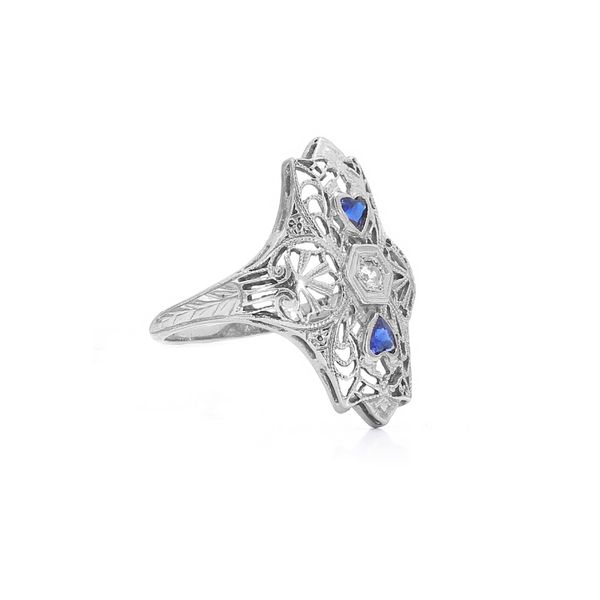 Estate 18K White Gold Diamond & Sapphire Filigree Fashion Ring Image 3 Raleigh Diamond Fine Jewelry Raleigh, NC