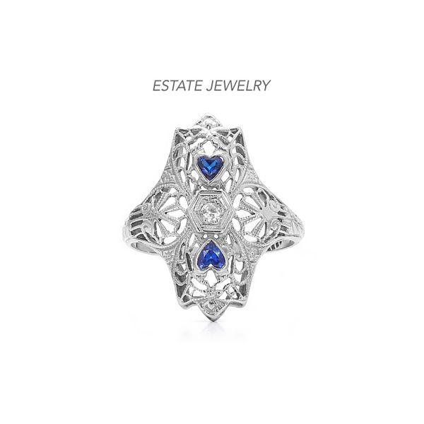 Estate 18K White Gold Diamond & Sapphire Filigree Fashion Ring Raleigh Diamond Fine Jewelry Raleigh, NC