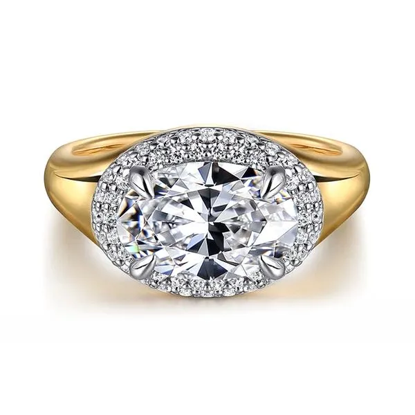 14K White & Yellow Gold East West Oval Halo Style Semi Ring For 9 x 6mm Stone Raleigh Diamond Fine Jewelry Raleigh, NC