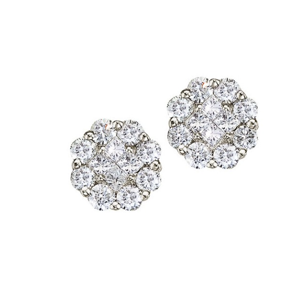 14K White Gold 0.54ctw Round & Princess Cut Diamond Cluster Earrings Raleigh Diamond Fine Jewelry Raleigh, NC