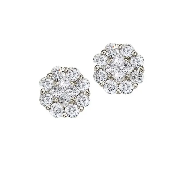 14K White Gold 1.00ctw Round & Princess Cut Diamond Cluster Earrings Raleigh Diamond Fine Jewelry Raleigh, NC