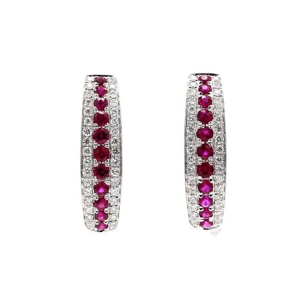 14K White Gold 0.25ct Diamond & 3/8ct Ruby Hoop Earrings Raleigh Diamond Fine Jewelry Raleigh, NC
