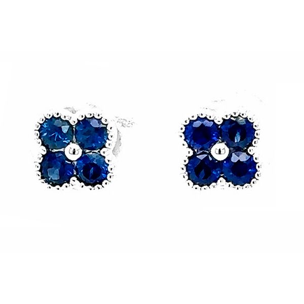 18K White Gold 0.68cttw Blue Sapphire Flower Stud Earrings Raleigh Diamond Fine Jewelry Raleigh, NC