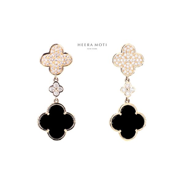 Heera Moti 14K Yellow Gold 0.63ctw I/SI Diamond + Black Onyx Dangle Clover Earrings Raleigh Diamond Fine Jewelry Raleigh, NC