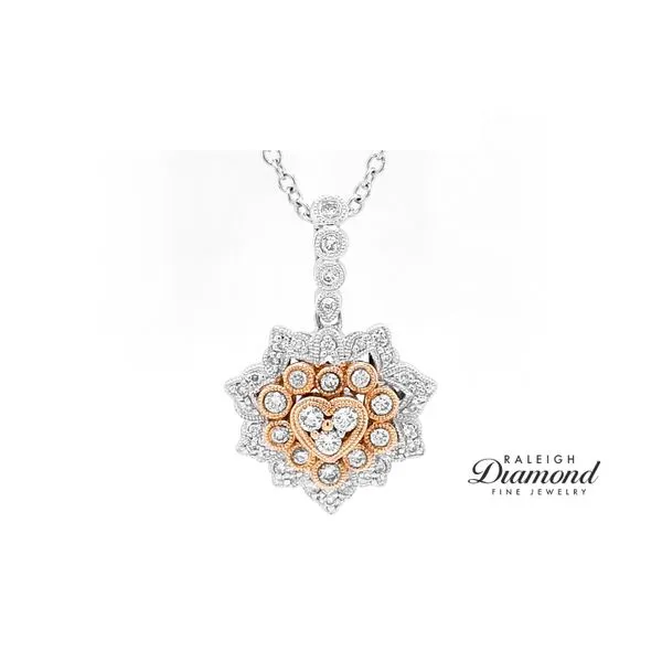 Estate 14K Two-Tone Gold Heart and Flower Diamond Necklace Raleigh Diamond Fine Jewelry Raleigh, NC