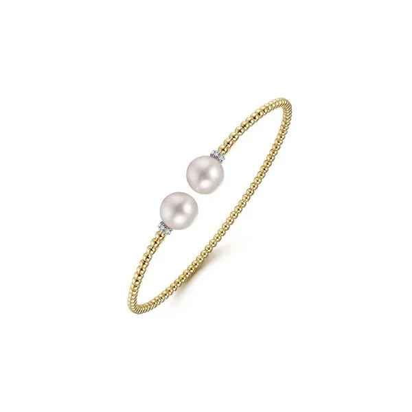 14K Yellow Gold 0.05ctw Diamond & Freshwater Pearl Bujukan Split Bangle Flexi Bracelet Image 2 Raleigh Diamond Fine Jewelry Raleigh, NC