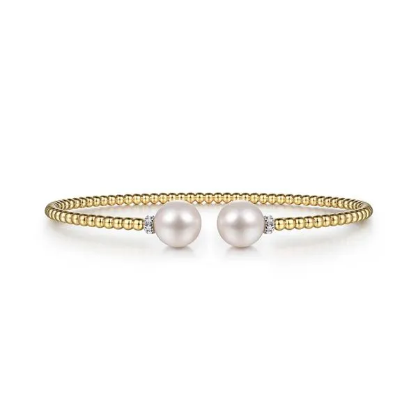 14K Yellow Gold 0.05ctw Diamond & Freshwater Pearl Bujukan Split Bangle Flexi Bracelet Raleigh Diamond Fine Jewelry Raleigh, NC