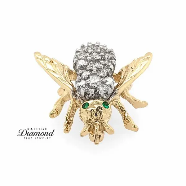 14K Two Tone Gold Bumble Bee Brooch with Diamonds and Emeralds Image 3 Raleigh Diamond Fine Jewelry Raleigh, NC