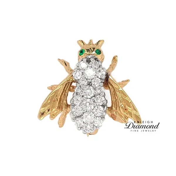 14K Two Tone Gold Bumble Bee Brooch with Diamonds and Emeralds Raleigh Diamond Fine Jewelry Raleigh, NC