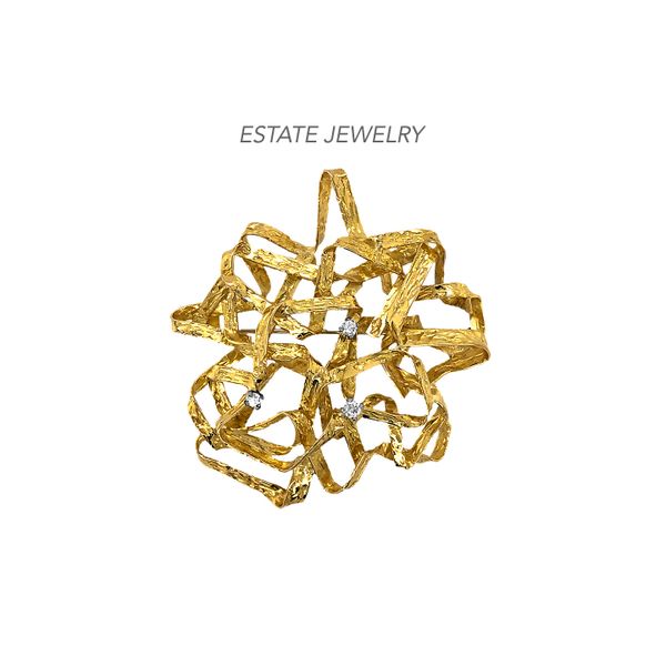 Estate 14K Yellow Gold Vintage Tangled Ribbon Brooch with Diamonds Raleigh Diamond Fine Jewelry Raleigh, NC