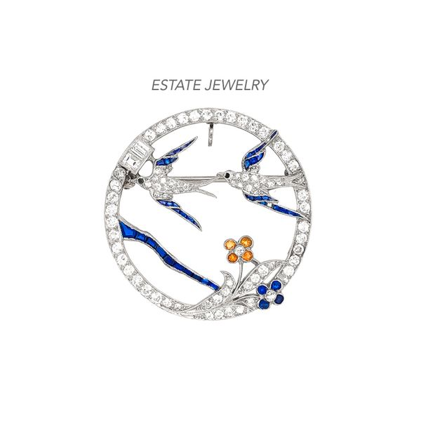 Estate Platinum Doves Brooch with Sapphires & Diamonds Raleigh Diamond Fine Jewelry Raleigh, NC