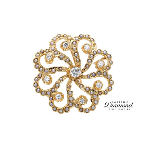 Estate 14K Yellow Gold Floral Brooch with Diamonds Raleigh Diamond Fine Jewelry Raleigh, NC