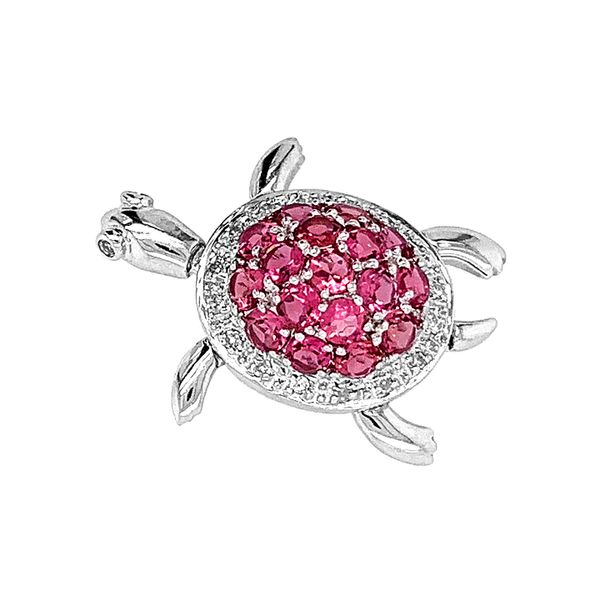 Estate 18K White Gold Sea Turtle Pin / Pendant with Diamonds & Pink Tourmalines Image 3 Raleigh Diamond Fine Jewelry Raleigh, NC