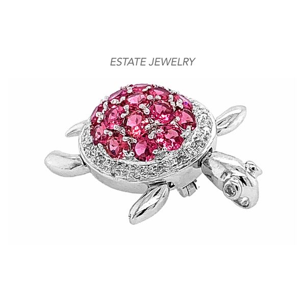 Estate 18K White Gold Sea Turtle Pin / Pendant with Diamonds & Pink Tourmalines Raleigh Diamond Fine Jewelry Raleigh, NC