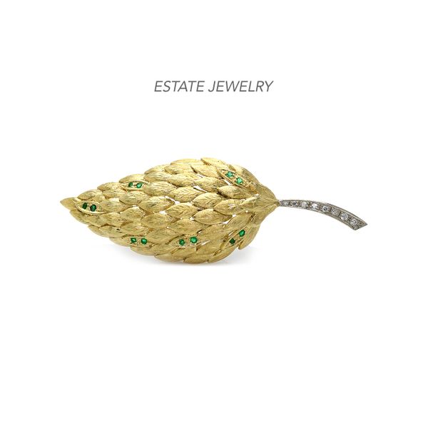 Estate 18K Yellow Gold Leaf Brooch with Emeralds & Diamonds Raleigh Diamond Fine Jewelry Raleigh, NC