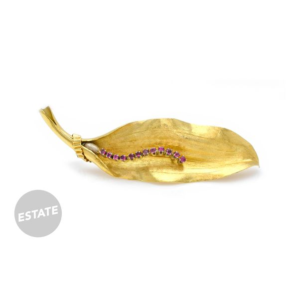 Estate 18K Yellow Gold Leaf Brooch with Pink Sapphires Raleigh Diamond Fine Jewelry Raleigh, NC