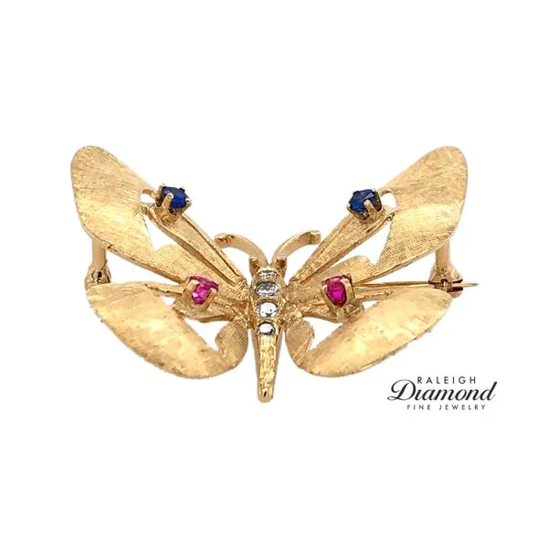 Estate 14K Yellow Gold Butterfly Brooch with Diamonds Rubies & Sapphires Image 2 Raleigh Diamond Fine Jewelry Raleigh, NC