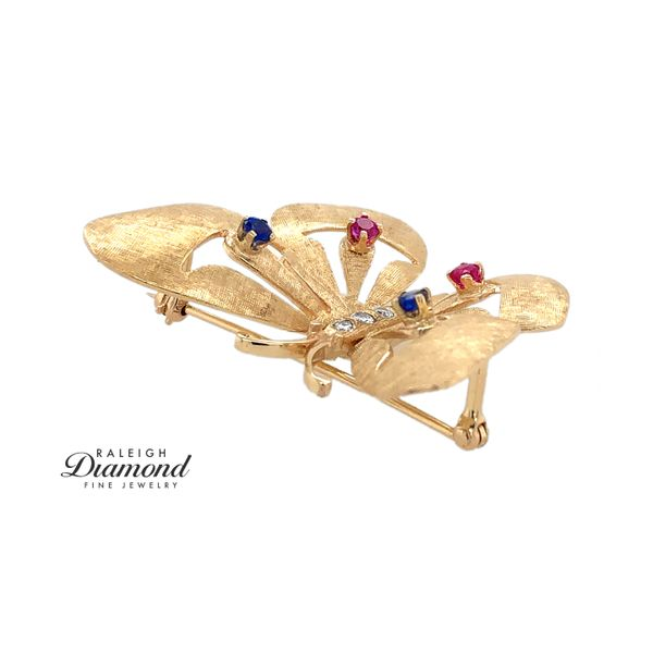 Estate 14K Yellow Gold Butterfly Brooch with Diamonds Rubies & Sapphires Image 3 Raleigh Diamond Fine Jewelry Raleigh, NC