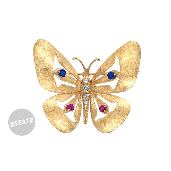 Estate 14K Yellow Gold Butterfly Brooch with Diamonds Rubies & Sapphires Raleigh Diamond Fine Jewelry Raleigh, NC