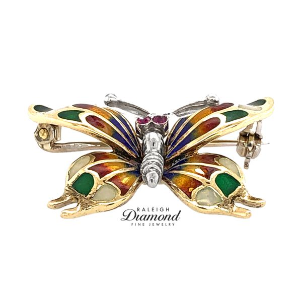 Estate 14K Two-Tone  Enamel Butterfly Brooch with Rubies Image 2 Raleigh Diamond Fine Jewelry Raleigh, NC