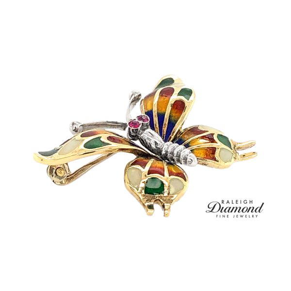 Estate 14K Two-Tone  Enamel Butterfly Brooch with Rubies Image 3 Raleigh Diamond Fine Jewelry Raleigh, NC